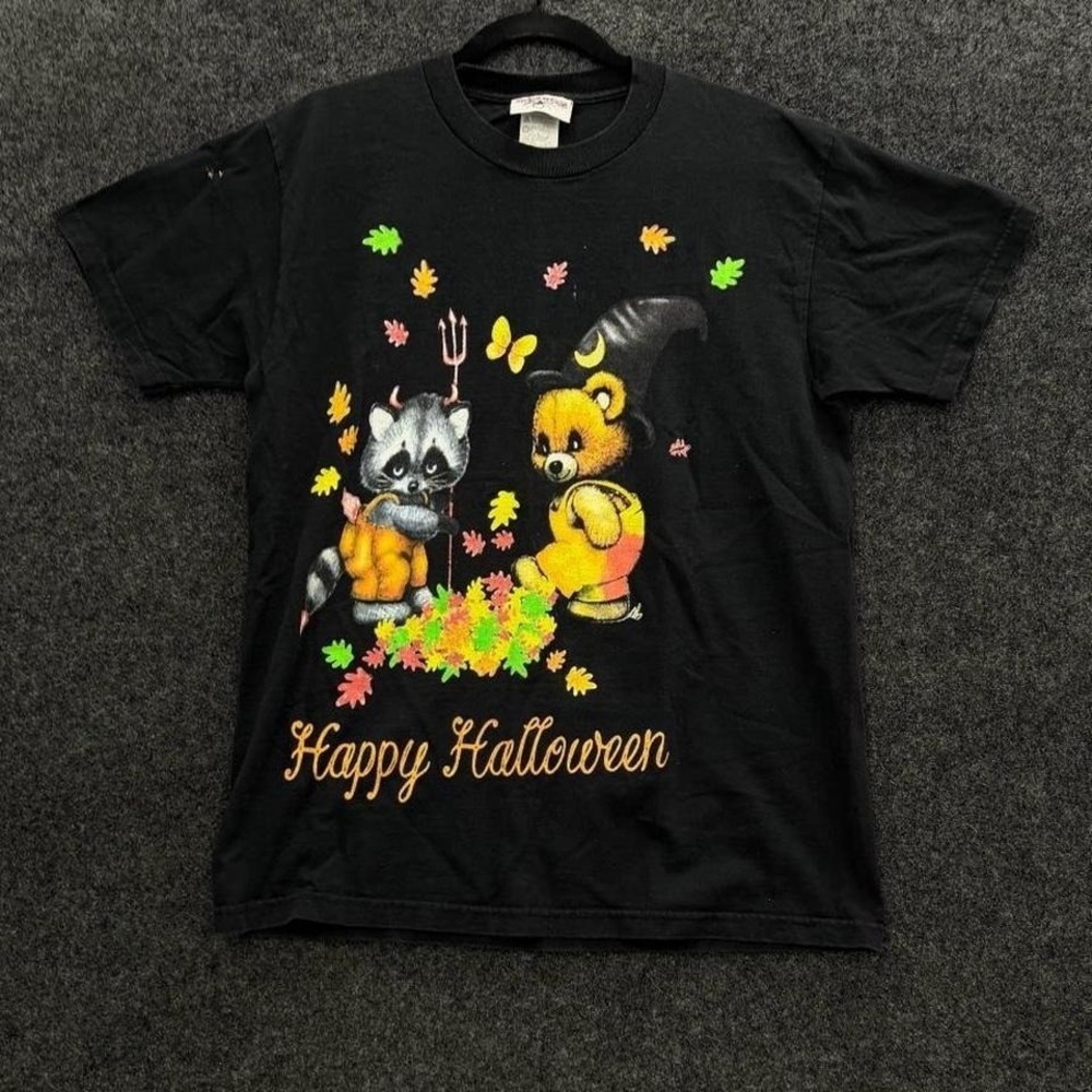 Vintage Halloween Bear Raccoon Graphic Tee Unisex Medium Black Fall Cute 90s